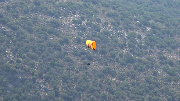 Paragliding Flying Over the Forested Mountain
