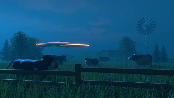 Flying saucer landing on the grassy meadow full of cows. Animal abduction. 4K