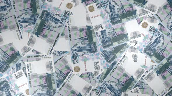 1000 Russian Ruble bills background. Many banknotes.