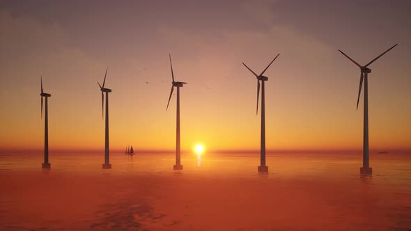 3D animation of offshore wind turbines at sunset. Wind Farm, renewable energy.