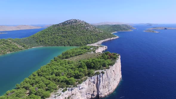 Aerial shot of deep blue adriatic sea with islands