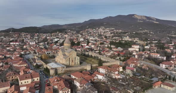 Aerial view of Orthodox Svetitskhoveli Cathedral in Mtskheta, Georgia