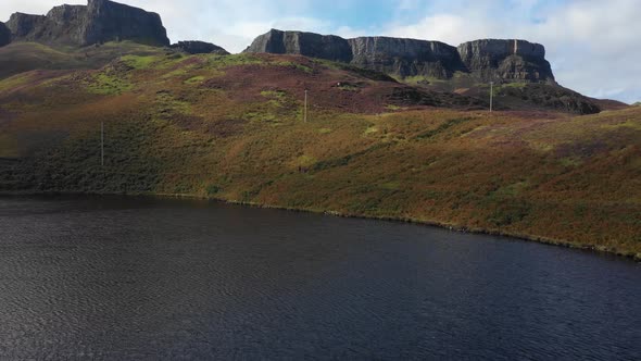 Aerial drone view of the Quiraing area in the Isle of Skye on a cloudy day