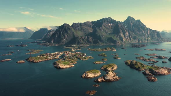 Flight above sea and view on the Henningsvaer fishing village Lofoten Islands,Norwa