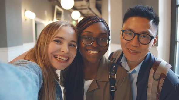 Group Selfie of Happy International College Students Having Break During Classes