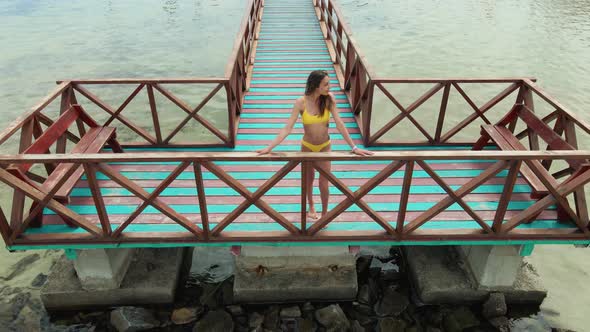 Sexy Brunette Woman in Yellow Bikini Posing on Wooden Pier