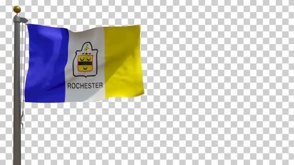 Rochester City Flag (New York, USA) on Flagpole with Alpha Channel - 4K