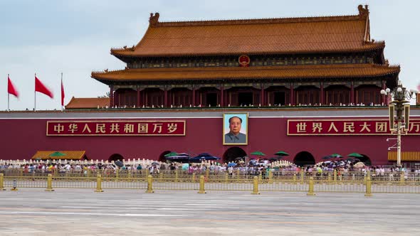 Time lapse view of people and traffic passing by outside the Tiananmen in beijing ，china