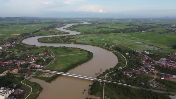 Aerial view curve Sungai Muda which is border for Kedah and Penang state