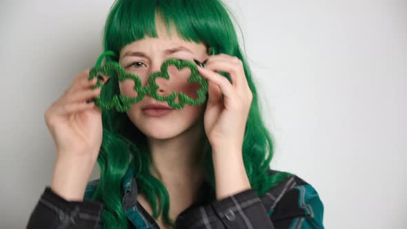 Funny Girl with Green Hair Celebrating Saint Patrick's Day