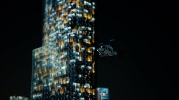 Slow Motion Helicopter Near Skyscrapers at Night