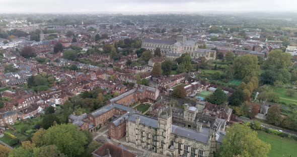 Aerial pull back over Winchester Cathedral