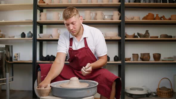 Pottery Workshop the Man Potter Makes a Pitcher Out of Clay Handicraft Production of Handmade