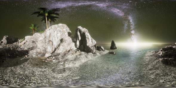 VR 360 Beautiful Fantasy Tropical Beach with Milky Way Star in Night Skies