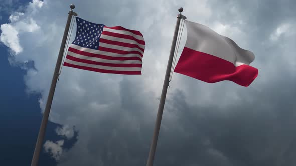 Waving Flags Of The United States And The Poland 4K