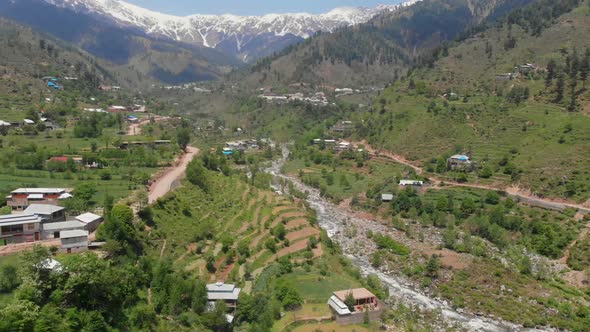 Aerial Over Swat Valley With Swat River Running Through. Dolly Right