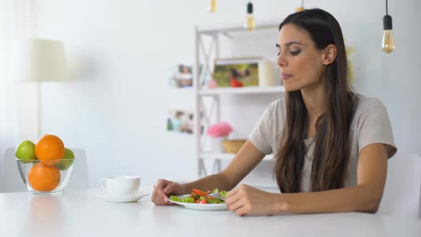 Happy Woman Eating Salad, Healthy Vegetarian Diet for Weight Loss, Nutrition