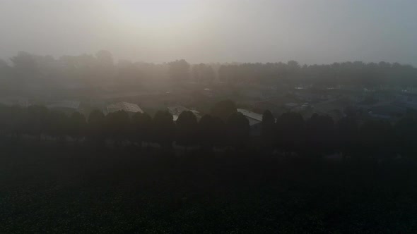 Aerial View of an Early Morning Fog Settling over Farmland Fields