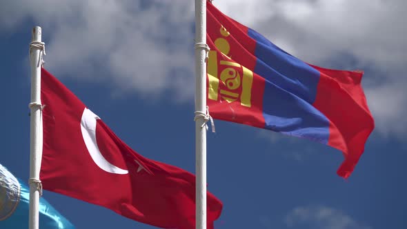 Turkish and Mongolian Flag Waving on Flagpole
