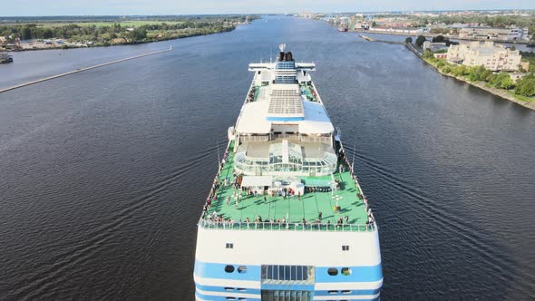 Cruise ship aerial view on the river