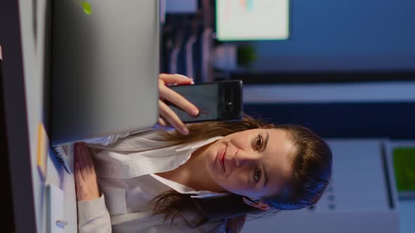 Vertical Video Business Woman Discussing During Video Conference with Partners Using Smartphone