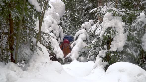 Backpacker Hiking in Winter Forest