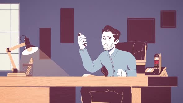 Stressed businessman working in the office, cartoon animation