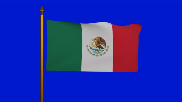 National flag of Mexico waving with flagpole on chroma key, United Mexican States flag textile
