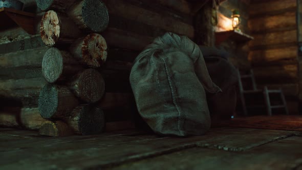 Dark Interior of Retro Log House alt