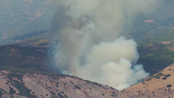 Black smoke rising in forest fire burning on Utah mountain side