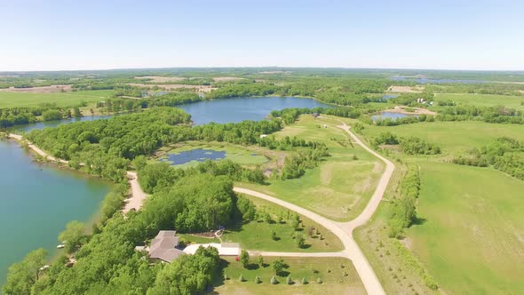 Aerial shot of rural Minnesota with lakes and gravel roads