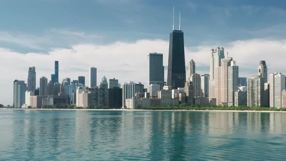 Cinematic Aerial Chicago Sunny Summer Day Copy Space on Blue Green Background