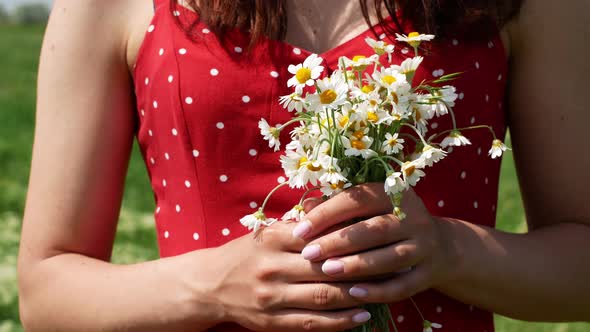 A woman in a red dress with polka dots holds a very beautiful bouquet of field daisies in her hands