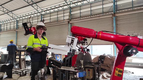 Control Robot Arm Working , Engineers Maintenance Robot Arm in Robotic line at a manufacturing