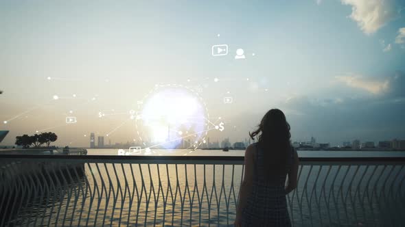 Silhouette of Woman Leaning on Railings in Sunset Time