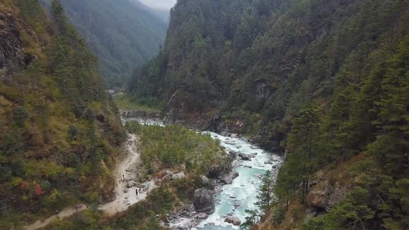 Beautiful Canyon With River. Nepal. Aerial Footage