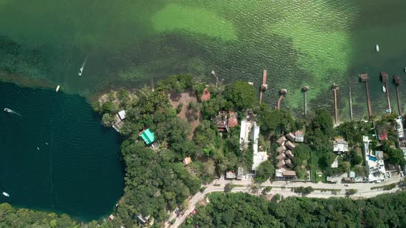 Aerial view of the Cenote La bruja, the deepest in Bacalar lagoon in Mexico