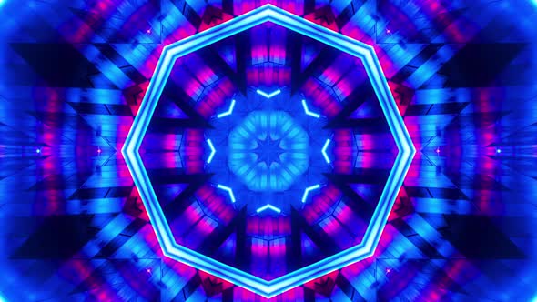 Flying between red and blue fluorescent lights. Kaleidoscope Infinitely looped animation.