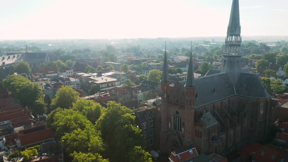 Aerial View of Gouwekerk Church In Gouda, Netherlands. - pullback