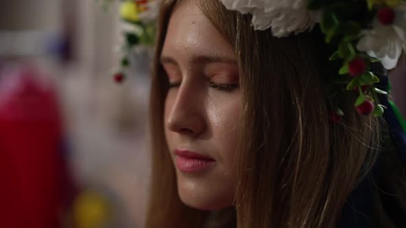 Closeup Face of Ukrainian Young Woman Turning Looking at Camera in Slow Motion