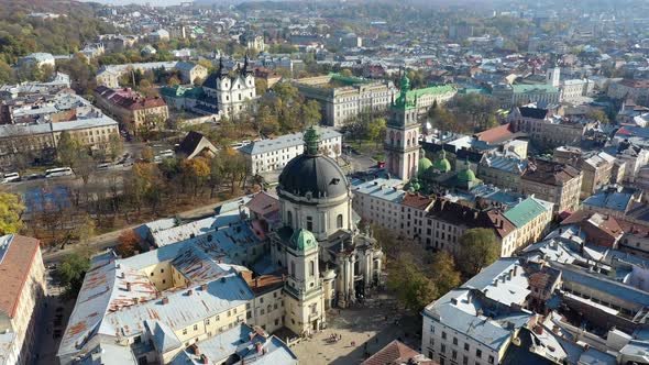 Aerial Video of Dominican Church in Central Part of Old City of Lviv, Ukraine