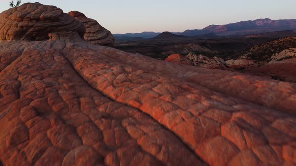 Drone view over the desert and rock formations.  unique rock formations in St. George, Utah.  the vo