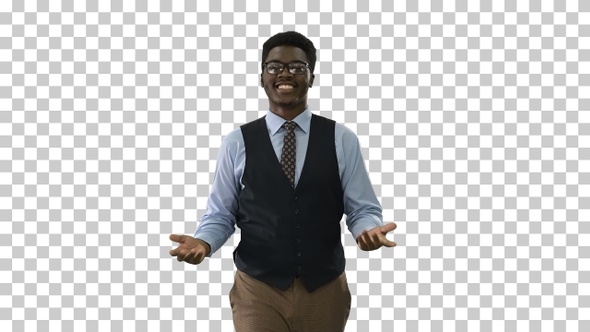 Young African american businessman gesturing, Alpha Channel