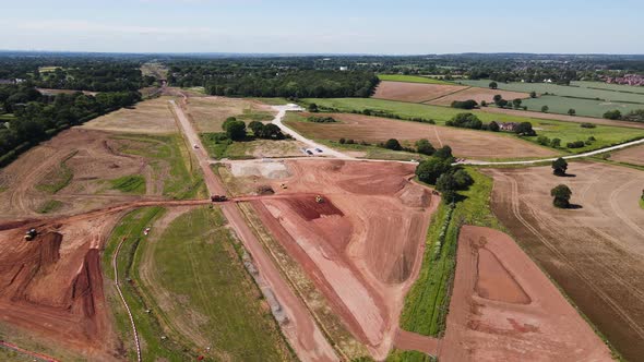 Construction site for HS2 high speed railway route destroying beautiful Warwickshire countryside. Di