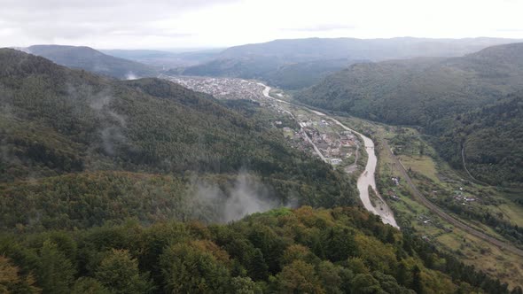 Aerial View of the Village in the Carpathian Mountains in Autumn. Ukraine