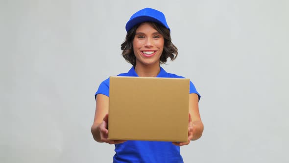 Happy Delivery Girl with Parcel Box in Blue