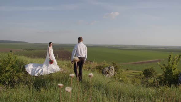 Slow Motion Of Bride and Groom Walking In The Field