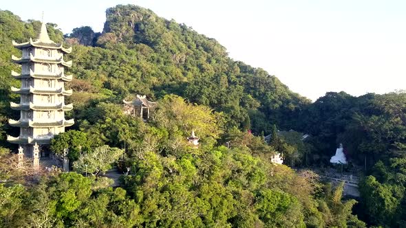 Aerial View Pagoda Among Wild Tropical Jungle on Mountain