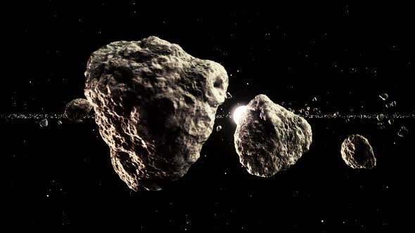 Closeup animation of meteors orbiting the sun in the infinite outer space. HD