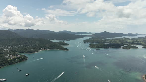 Boat Traffic in UNESCO Global Geopark in Sai Kung,  Aerial Drone View